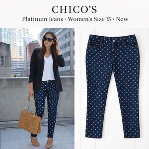 Chico’s Platinum Polka Dot Jeans Size 15 High Rise Ankle Stretch Dark Wash New